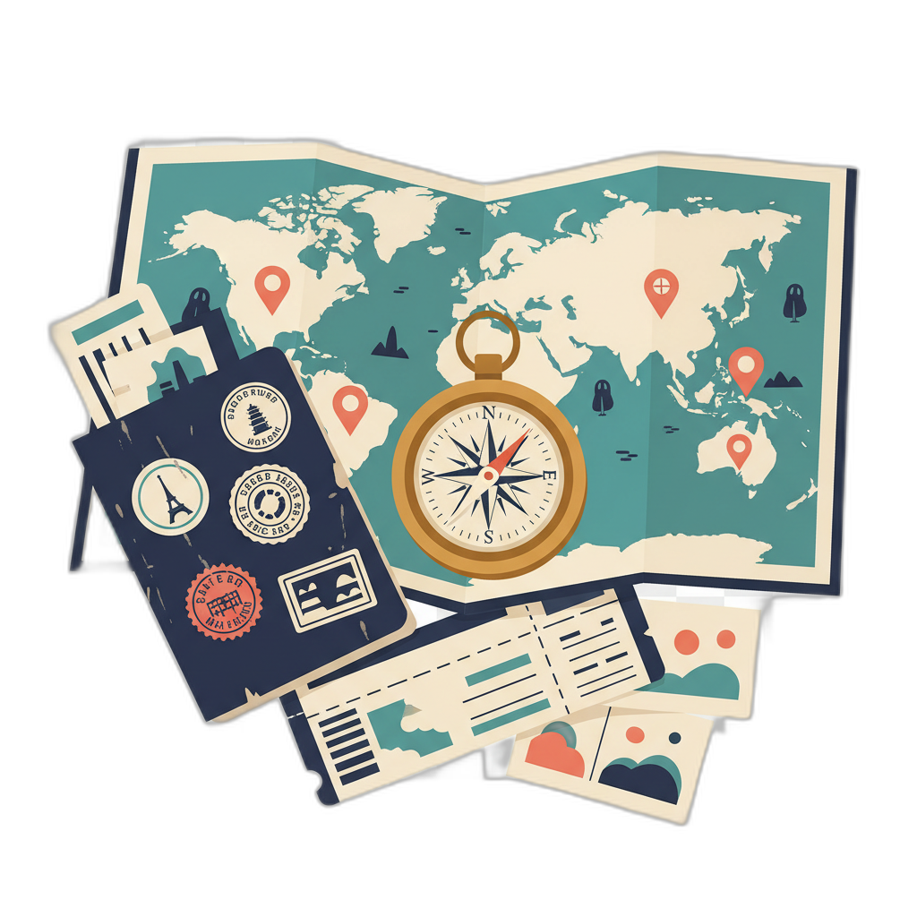 Illustration of a world map with compass, passport with travel stamps, boarding passes and postcards - representing the journey of choosing where to relocate