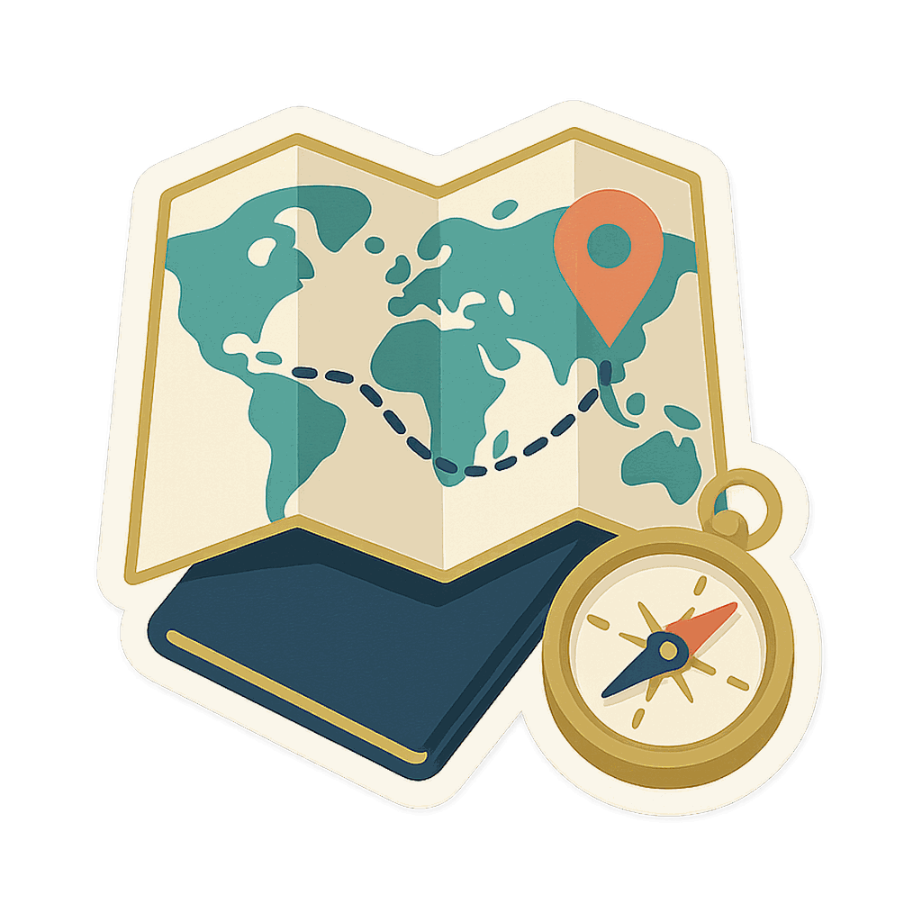 Illustration of a vintage folded world map with a dashed travel route leading to a destination pin, resting on a passport and brass compass