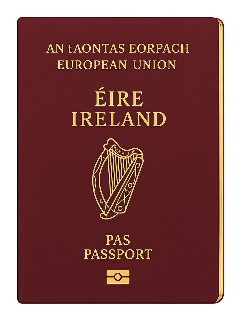 Irish passport illustration with Celtic harp emblem and decorative knot pattern