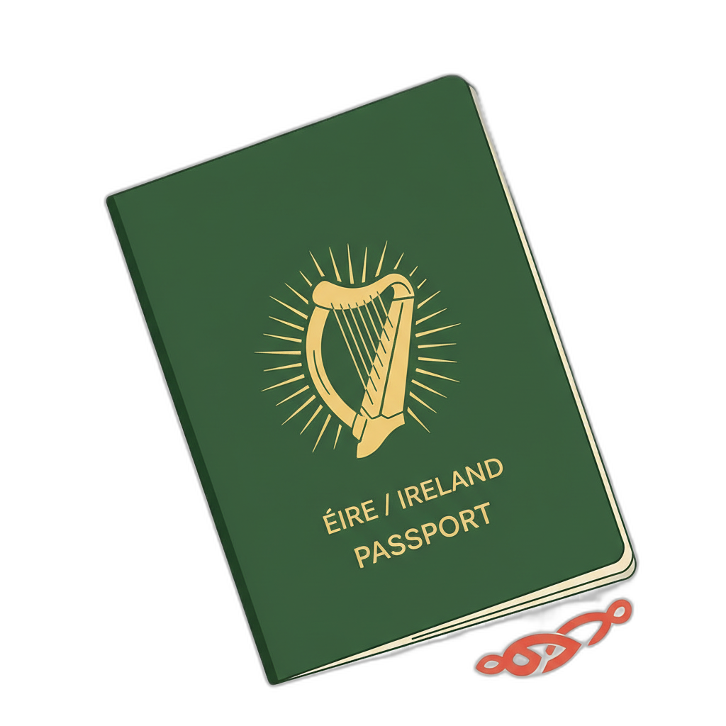 Irish passport illustration with Celtic harp emblem and decorative knot pattern