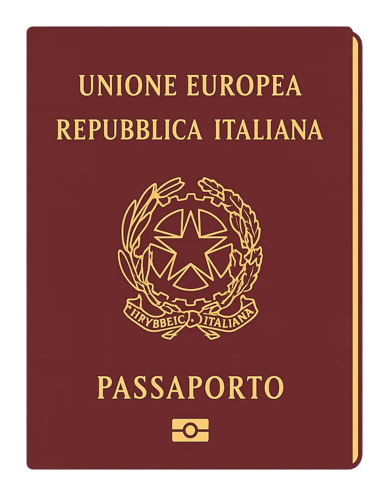 Italian passport illustration with EU emblem, Stellone coat of arms, olive branches and tricolor ribbon