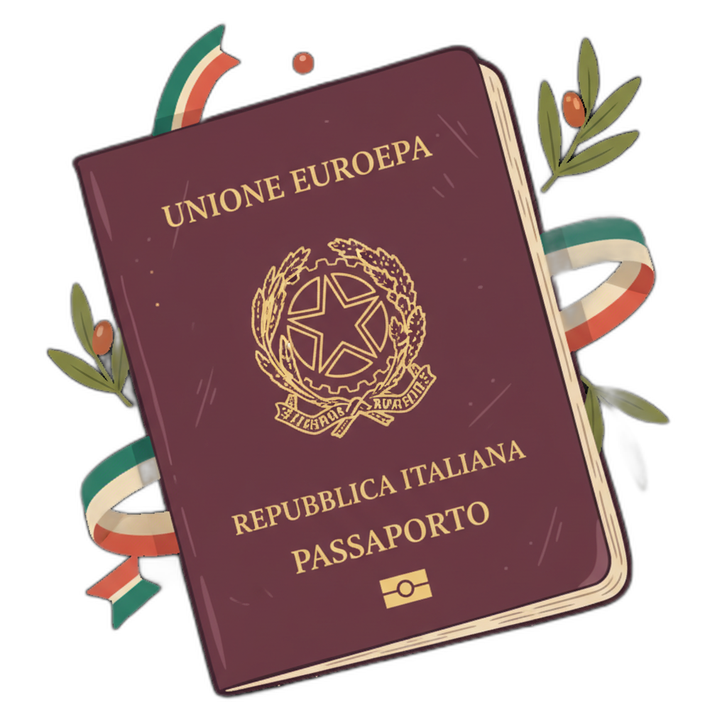 Italian passport illustration with EU emblem, Stellone coat of arms, olive branches and tricolor ribbon