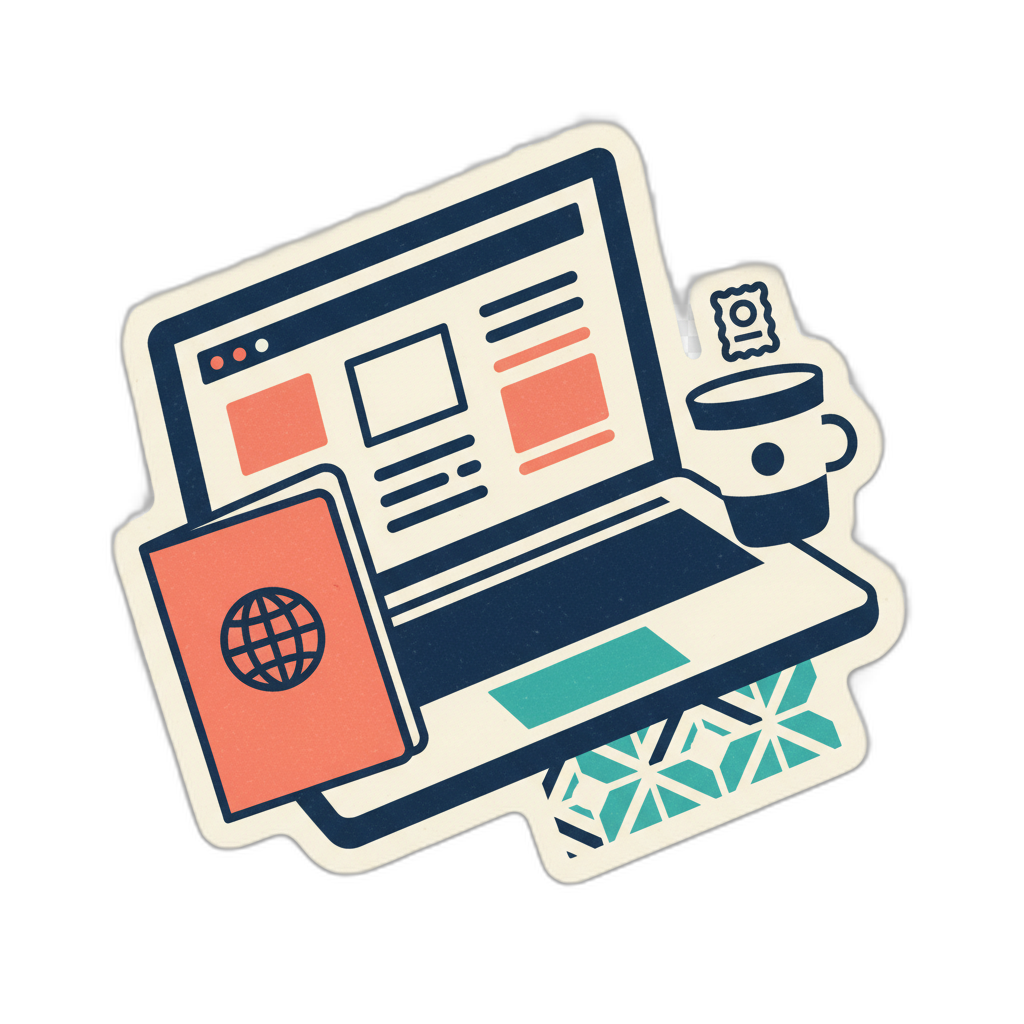 Digital nomad visa illustration showing laptop, Spanish passport, and coffee