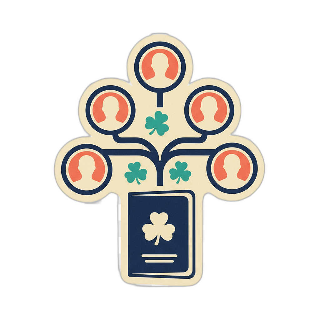Ireland Foreign Birth Registration illustration with family tree diagram, Irish passport, old photographs, birth certificate, and shamrock