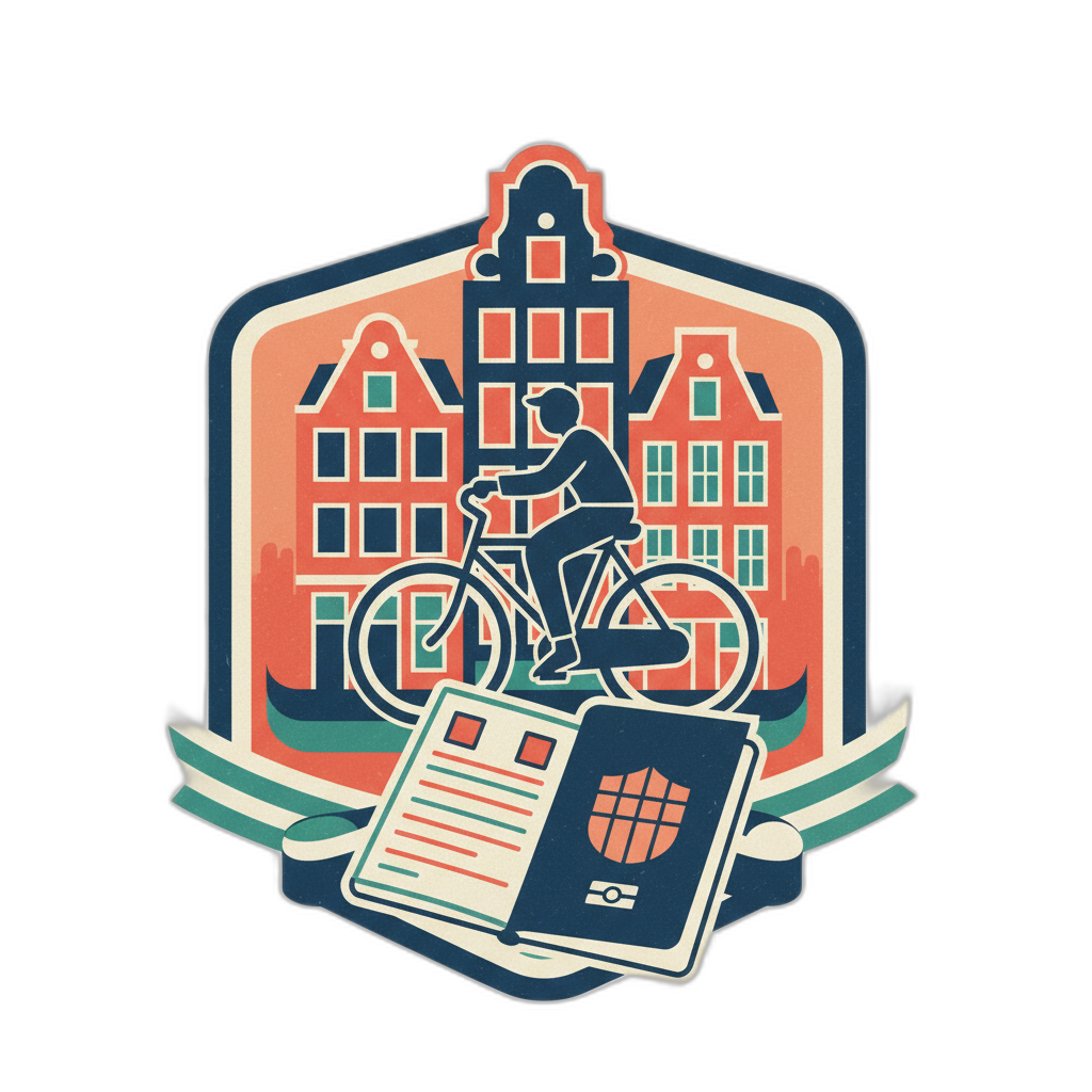 Netherlands DAFT visa illustration with American passports, briefcase, tulip, windmill, and treaty document