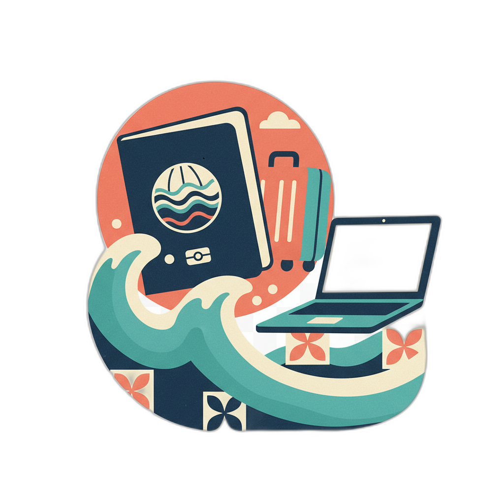 Portugal D8 visa illustration with laptop, azulejo tiles, passport, sardine tin, and coffee overlooking the ocean