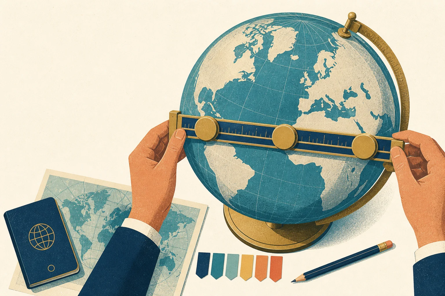 An analyst measures a globe with a three-point calibration ruler, surrounded by a passport, map, pencil, and six index tabs.